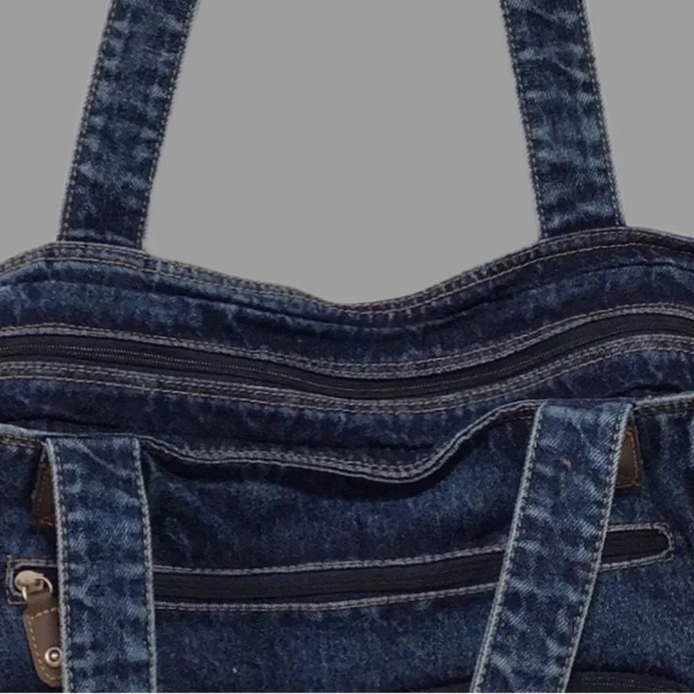 Denim Lightweight Large Tote, Shoulder Bag, Shopping, Pocket Decor, Cotton, Blue - Picture 10 of 11
